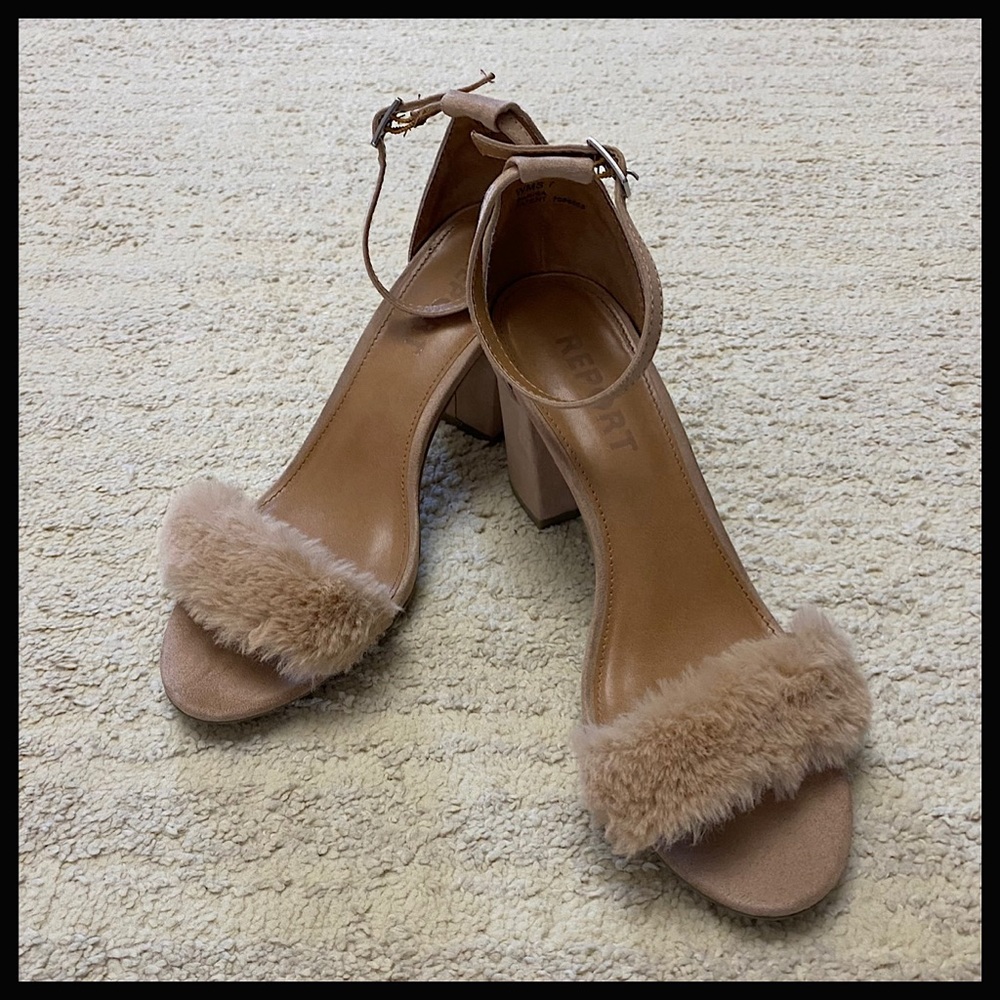 EUC Report Faux Fur Suede Open Toe Heels